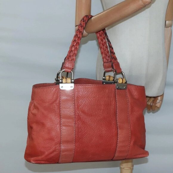GUCCI Bamboo Tote Bag Leather Red Silver 232947 Auth 139547 - Picture 1 of 16